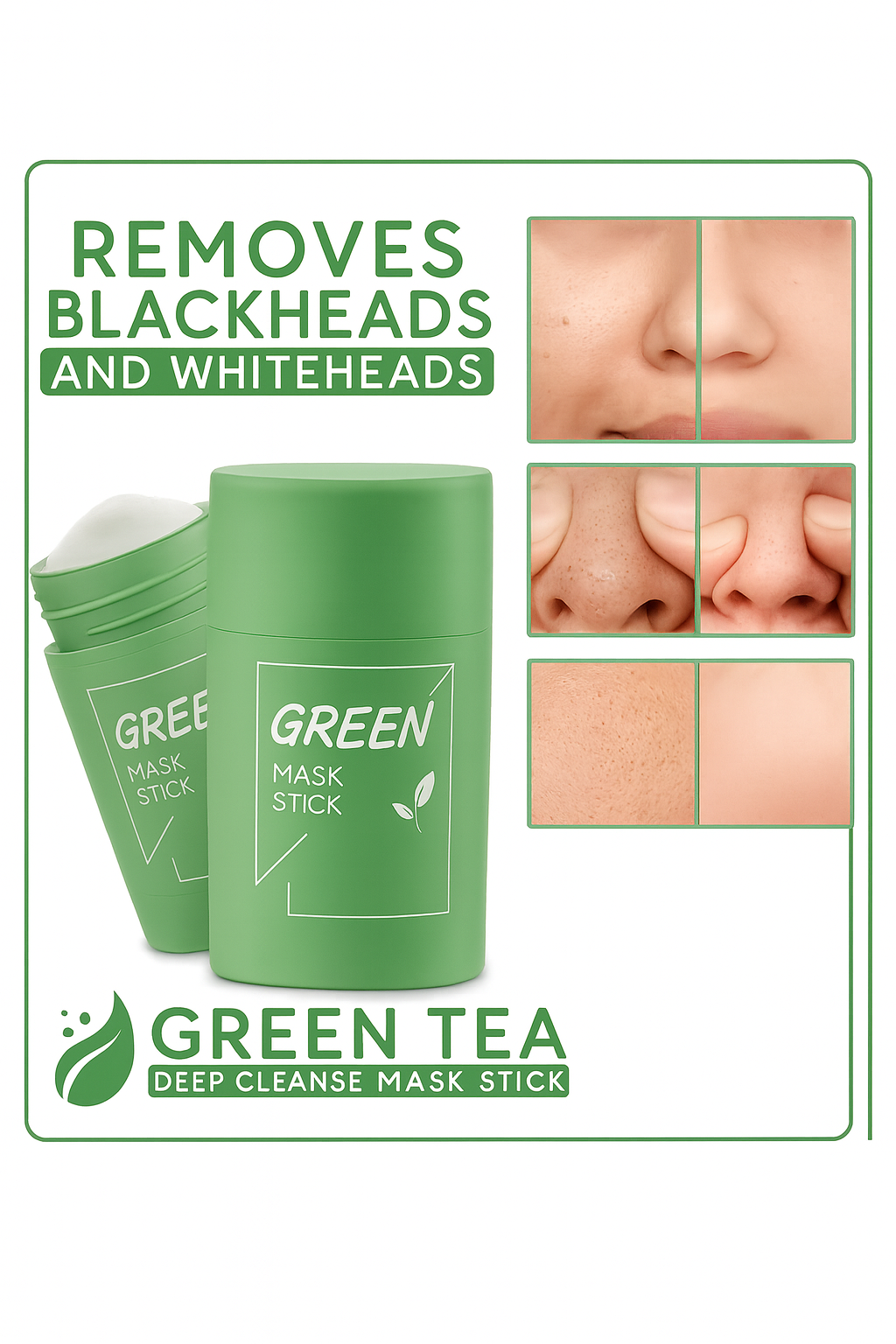 Green Tea Mask Stick – Deep Cleansing Blackhead Remover, Pore Minimizer, Oil Control, Whitening & Acne Treatment Face Mask for Smooth & Glowing Skin
