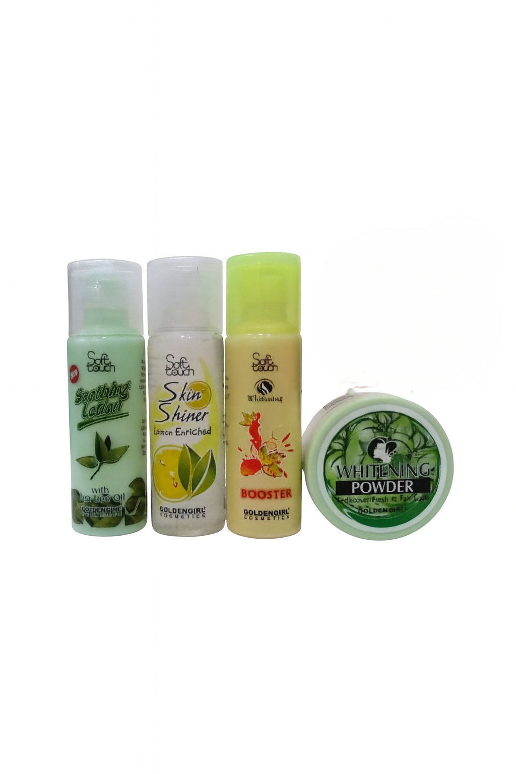 Soft Touch Golden Girl Skincare Saving Pack – Whitening Powder, Soothing Lotion with Aloe Vera, Skin Shiner Lemon Enriched, Whitening Booster | Natural Glow, Fairness & Brightening Formula | Pack of 4